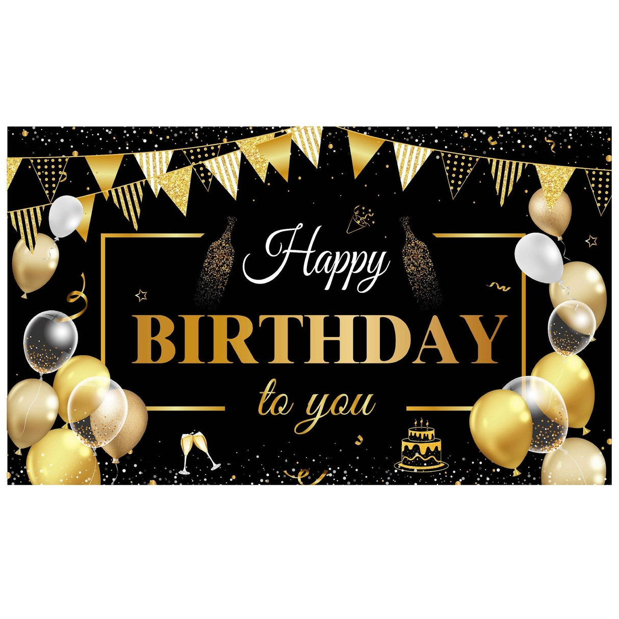 Banner Tip Fundal pentru Poze, Flippy, din Panza, Model Happy Birthday to You, 185 x 110 cm, Sfoara 6 m, Prindere in 4 Colturi, Negru/Auriu - vivimall.ro
