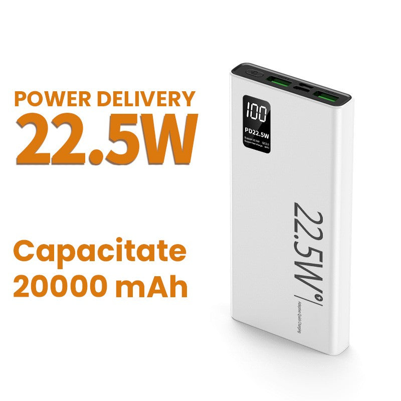 Baterie Externa Powerbank, Vivimall, Ultra-Subtire cu Ecran Digital, Compatibilitate Universala, TYPE-C si USB x2, 20000 mAh, Power Delivery 22.5W, 144x66x26 mm, Alb - vivimall.ro