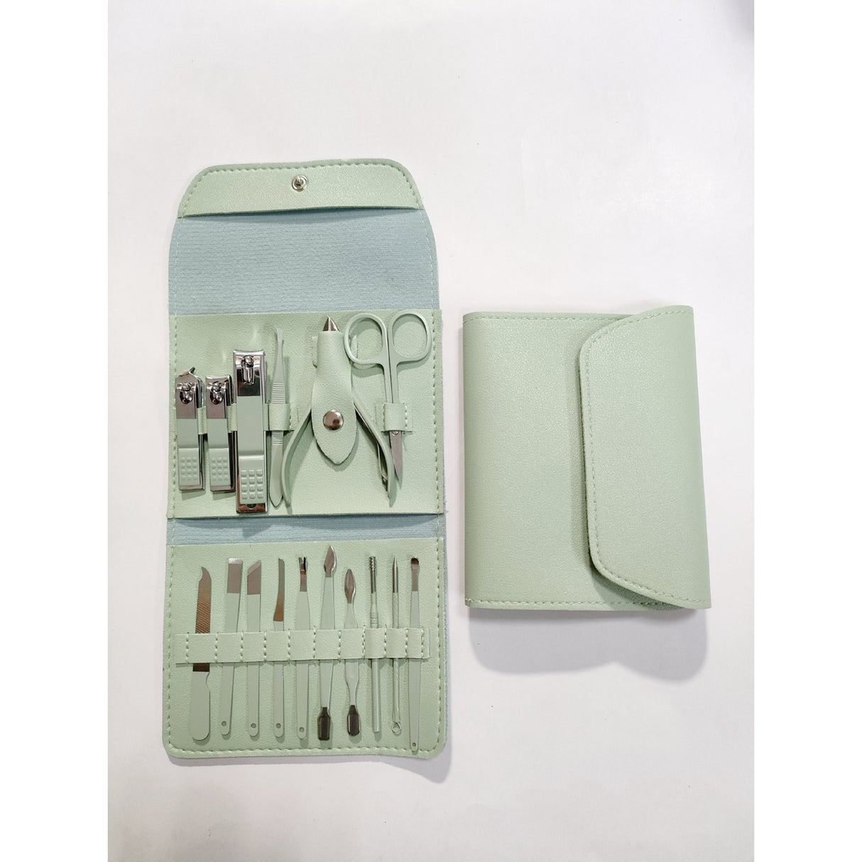 Set 16 Piese de Ingrijire Cosmetica, Vivimall, pentru Manichiura, Pedichiura, Fata, Geanta Organizatoare din Piele Ecologica Inclusa, Verde - vivimall.ro