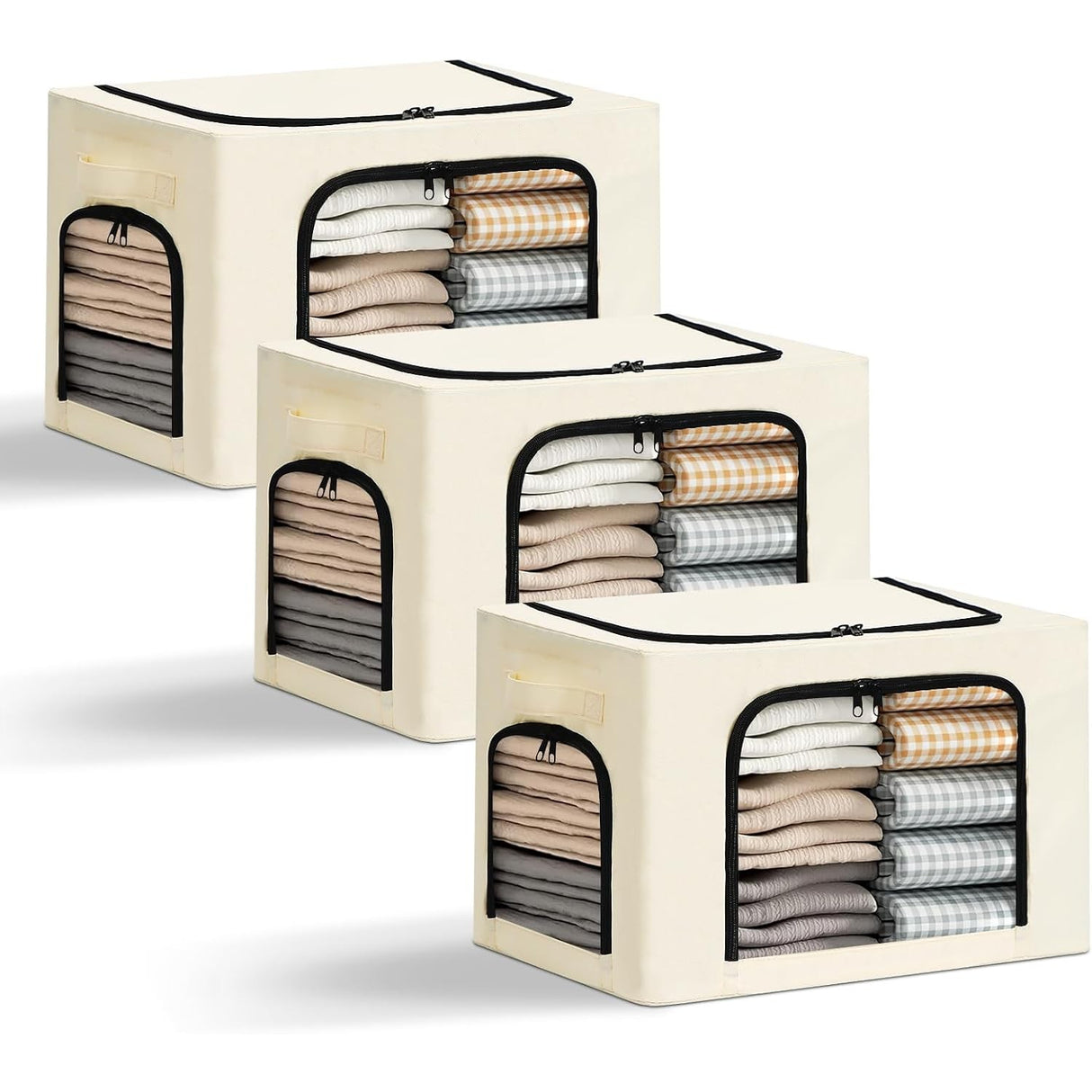 Cutie de Depozitare, Vivimall, cu 3 Ferestre cu Fermoar Bidirectional, Cadru din Otel, Impermeabil, 38L, 42 x 30 x 30 cm, Bej - vivimall.ro