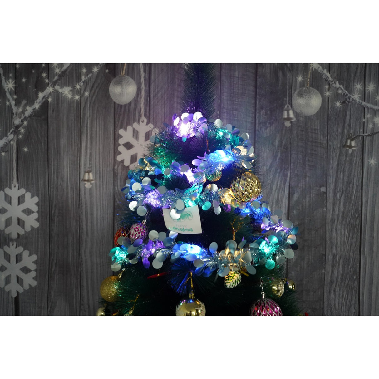 Beteala Craciun cu LED, Albastra, model cu paiete rotunde, 2 m x 5 cm, PVC, Sir, Artificiala, Vivimall - vivimall.ro