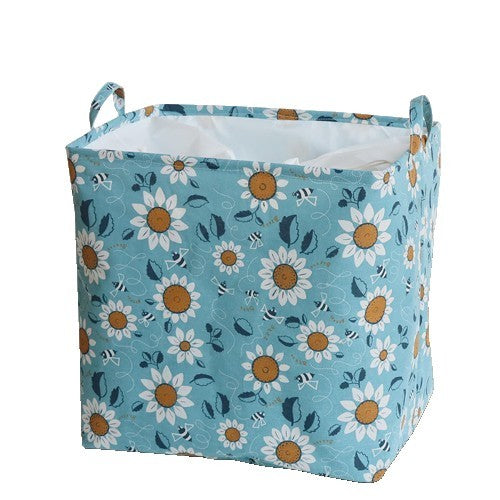 Cos depozitare, Vivimall, Capac cu Snur, 175 L, Confectionat din Bumbac si un Strat Impermeabil, 50 x 50 x 70 cm, Albastru Deschis, Imprimeu Flori - vivimall.ro