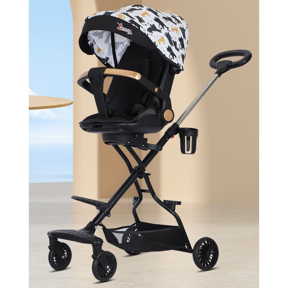 Carucior Sport Flippy 3in1, 6-36 Luni, Reversibil, Pliabil, Tavita pentru Masa, Pozitie de Somn, Centura de Siguranta, Roti 360, Suport Pahar, Copertina pentru Soare, 32x63x95cm, Negru Model Pisicute - vivimall.ro