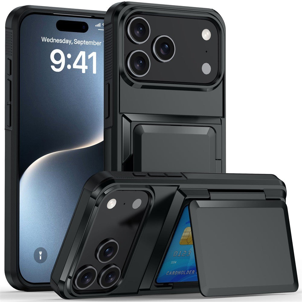 Husă de protecție Apple iPhone 17 Pro din policarbonat negru, cu compartiment carduri și suprafață anti-alunecare, vedere frontală