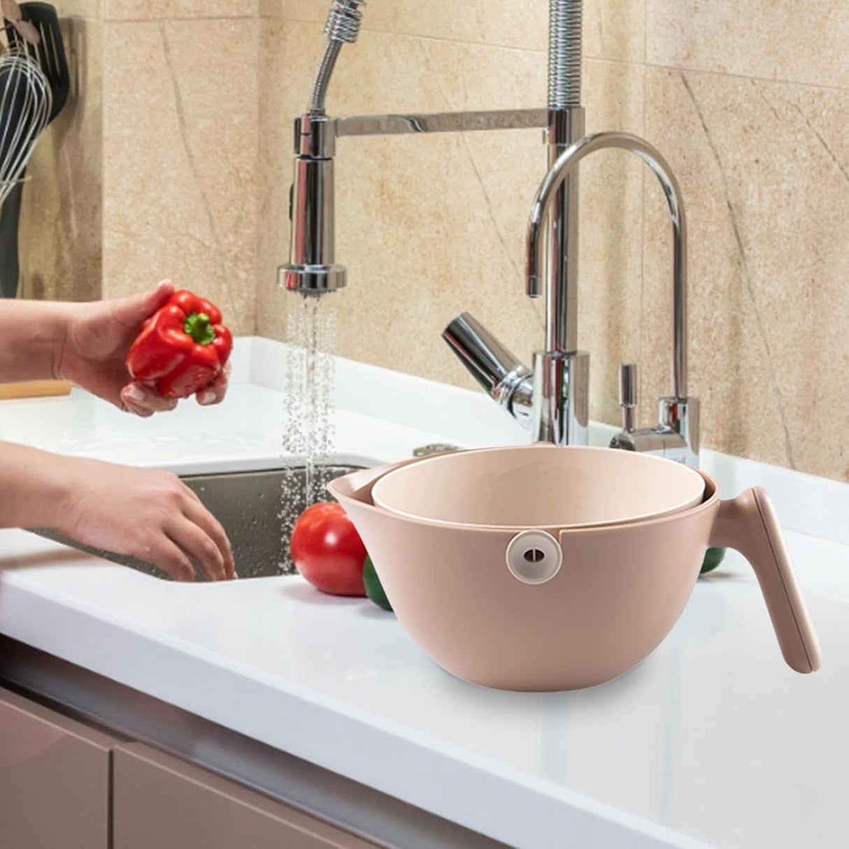 Bol cu Doua Straturi, Vivimall, pentru Fructe, Legume, cu Cos de Scurgere a Apei, 2L, din ABS+PP, 29.9 x 22.5 x 11.8 cm, Maro - vivimall.ro