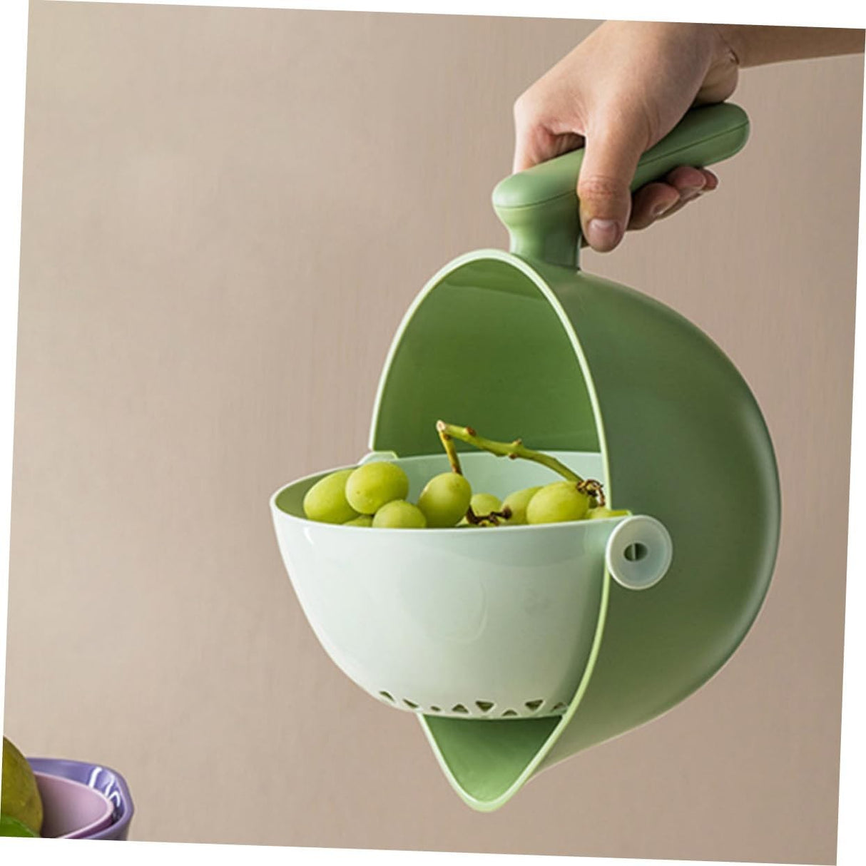 Bol cu Doua Straturi, Vivimall, pentru Fructe, Legume, cu Cos de Scurgere a Apei, 2L, din ABS+PP, 29.9 x 22.5 x 11.8 cm, Verde-Alb - vivimall.ro