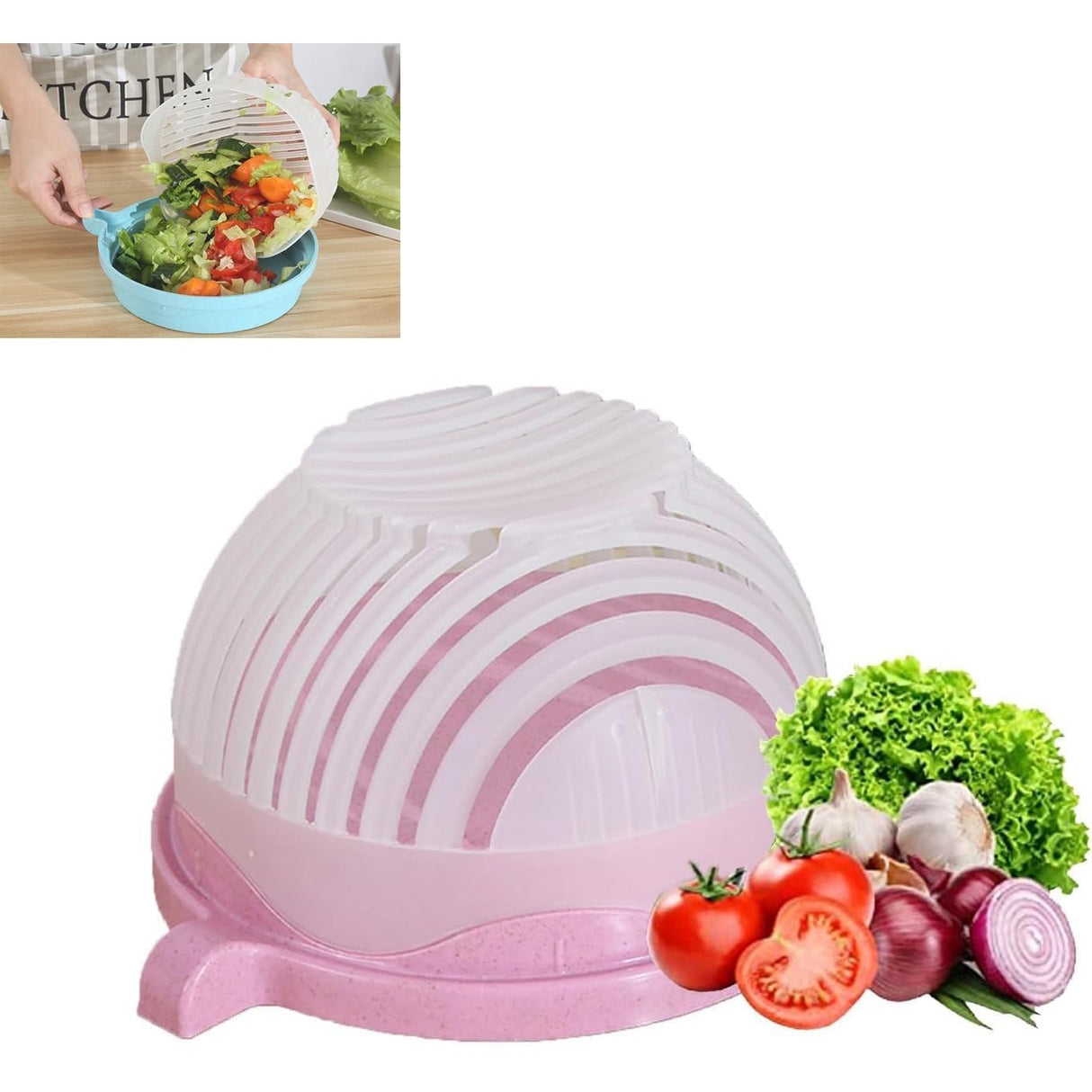 Bol Feliator pentru Salata, Vivimall, Castron Multifunctional pentru Legume si Fructe, pentru Spalat si Taiat Legumele, cu Scurgere si Tocator, Ergonomic, Protectie pentru Maini, 21x18.5x11.5 cm, Roz - vivimall.ro
