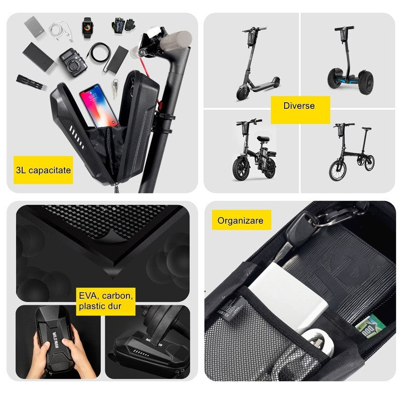Borseta pentru bicicleta/trotineta Vivimall, spatiu de depozitare, antisoc, waterproof, cu fermoar, 3L, material carbon si plastic dur, pentru trotineta electrica scuter, bicicleta, negru - vivimall.ro