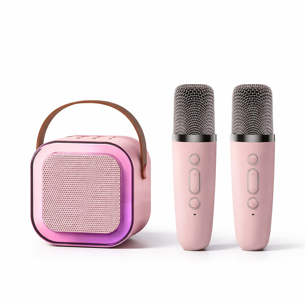Boxa Portabila Karaoke Flippy, Model K12-2, Bluetooth 5.3, 5-10W, Set 2 Microfoane Wireless, LED RGB, Baterie 1000-2000 mAh, Suport Card Memorie, 14 x 11 cm, Roz - vivimall.ro