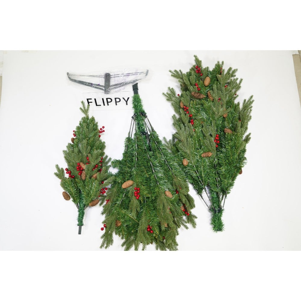Brad artificial de Craciun bogat, decorat cu conuri pin rosii, inaltime 180 cm, 774 ramuri, Flippy, verde, suport metalic inclus - vivimall.ro