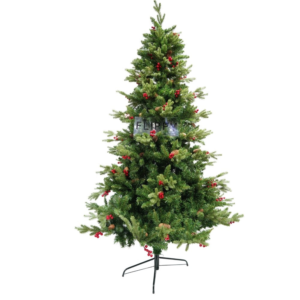 Brad artificial de Craciun, decorat cu conuri pin rosii, inaltime 210 cm, diametru 137 cm, 1172 ramuri, Vivimall, verde, suport metalic inclus - vivimall.ro