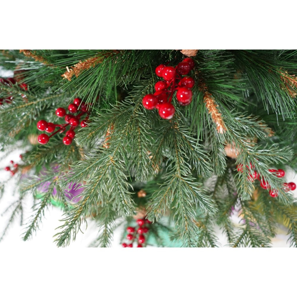 Brad artificial de Craciun, decorat cu conuri pin rosii, pentru interior/exterior, inaltime 150 cm, diametru 104 cm, 323 ramuri, Vivimall, verde, suport metalic inclus - vivimall.ro