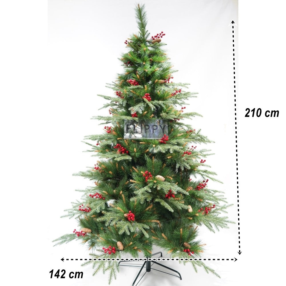 Brad artificial de Craciun, decorat cu conuri pin rosii, pentru interior/exterior, inaltime 210 cm, diametru 142 cm, 767 ramuri, Vivimall, verde, suport metalic inclus - vivimall.ro