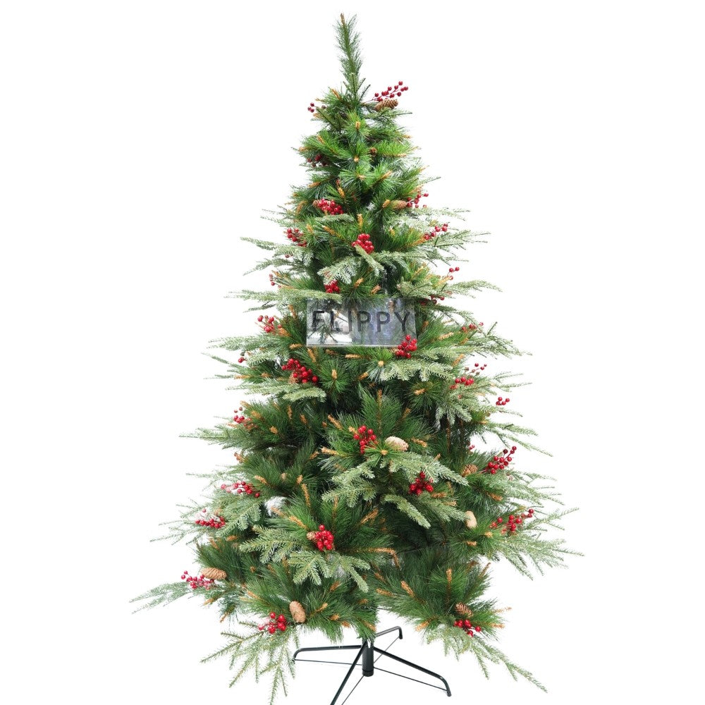 Brad artificial de Craciun, decorat cu conuri pin rosii, pentru interior/exterior, inaltime 210 cm, diametru 142 cm, 767 ramuri, Vivimall, verde, suport metalic inclus - vivimall.ro