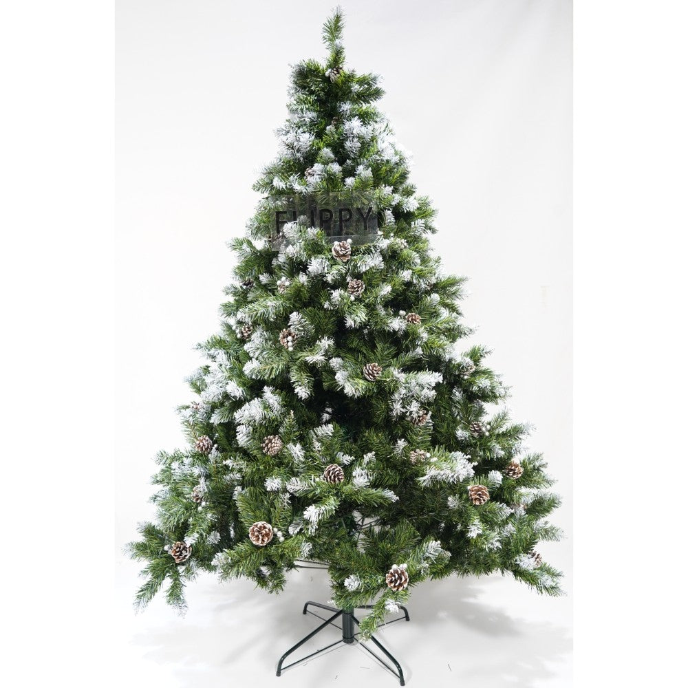 Brad artificial de Craciun nins, decorat cu conuri pin, pentru perete/colt, inaltime 210 cm, diametru 149 cm, 1224 ramuri, Flippy, verde, suport metalic inclus - vivimall.ro