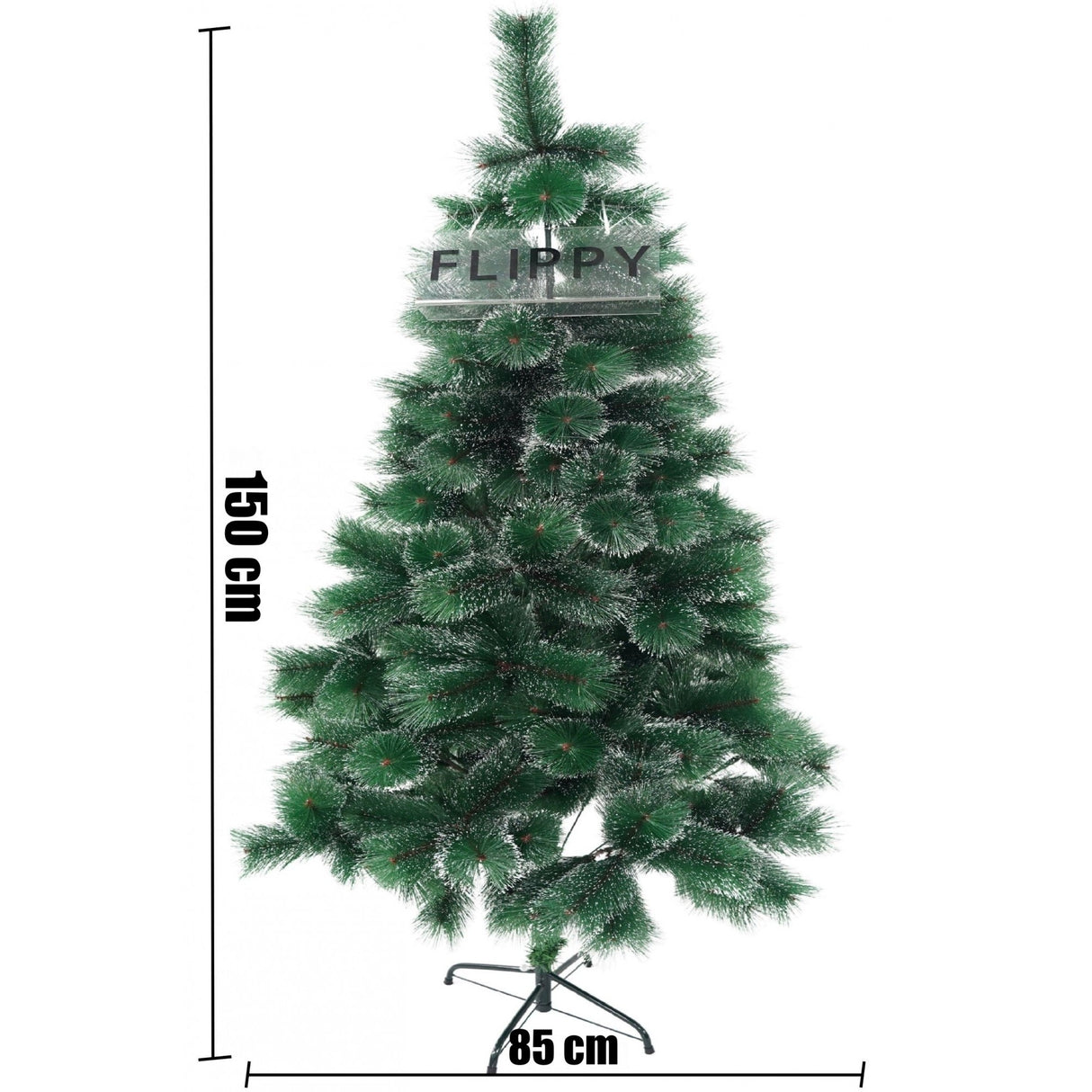 Brad artificial de Craciun tip pin inzapezit, inaltime 150 cm, diametru 85 cm, 160 ramuri cu ace 3D 12 cm, Vivimall, verde cu varfuri ninse, suport metalic inclus - vivimall.ro