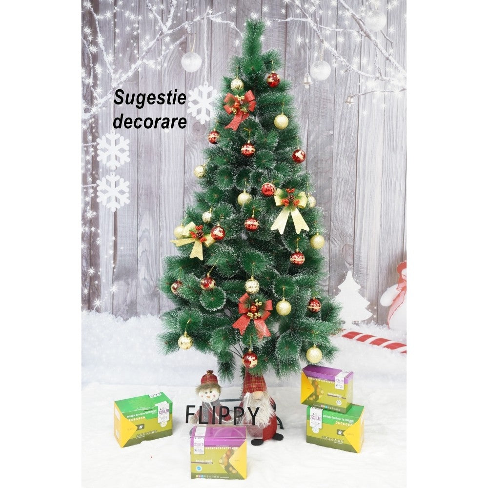 Brad artificial de Craciun tip pin nins, pentru interior/exterior, inaltime 210 cm, Vivimall, verde, suport metalic inclus - vivimall.ro