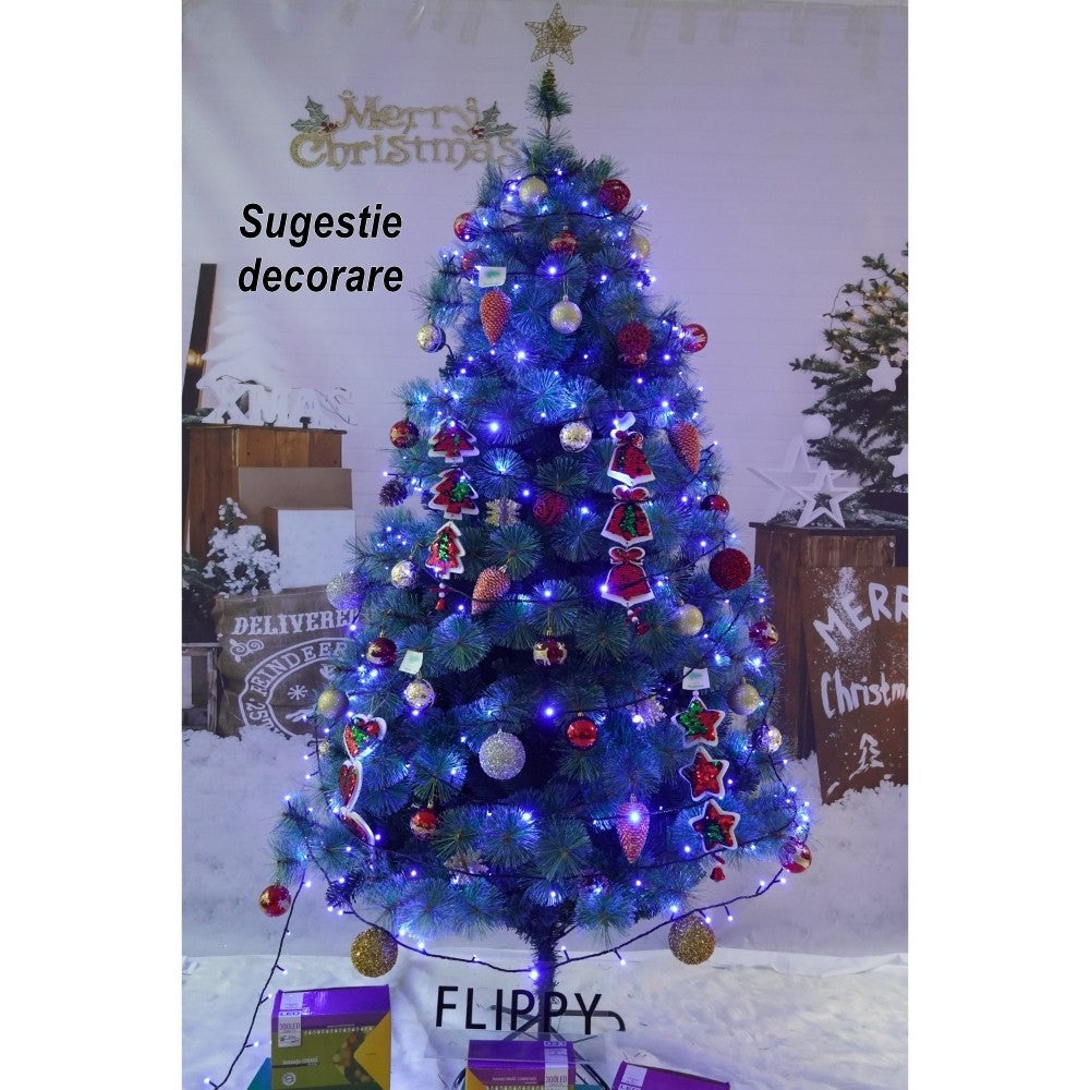 Brad artificial de Craciun tip pin, pentru interior/exterior, inaltime 150 cm, diametru 92 cm, 400 ramuri, Vivimall, verde, suport metalic inclus - vivimall.ro