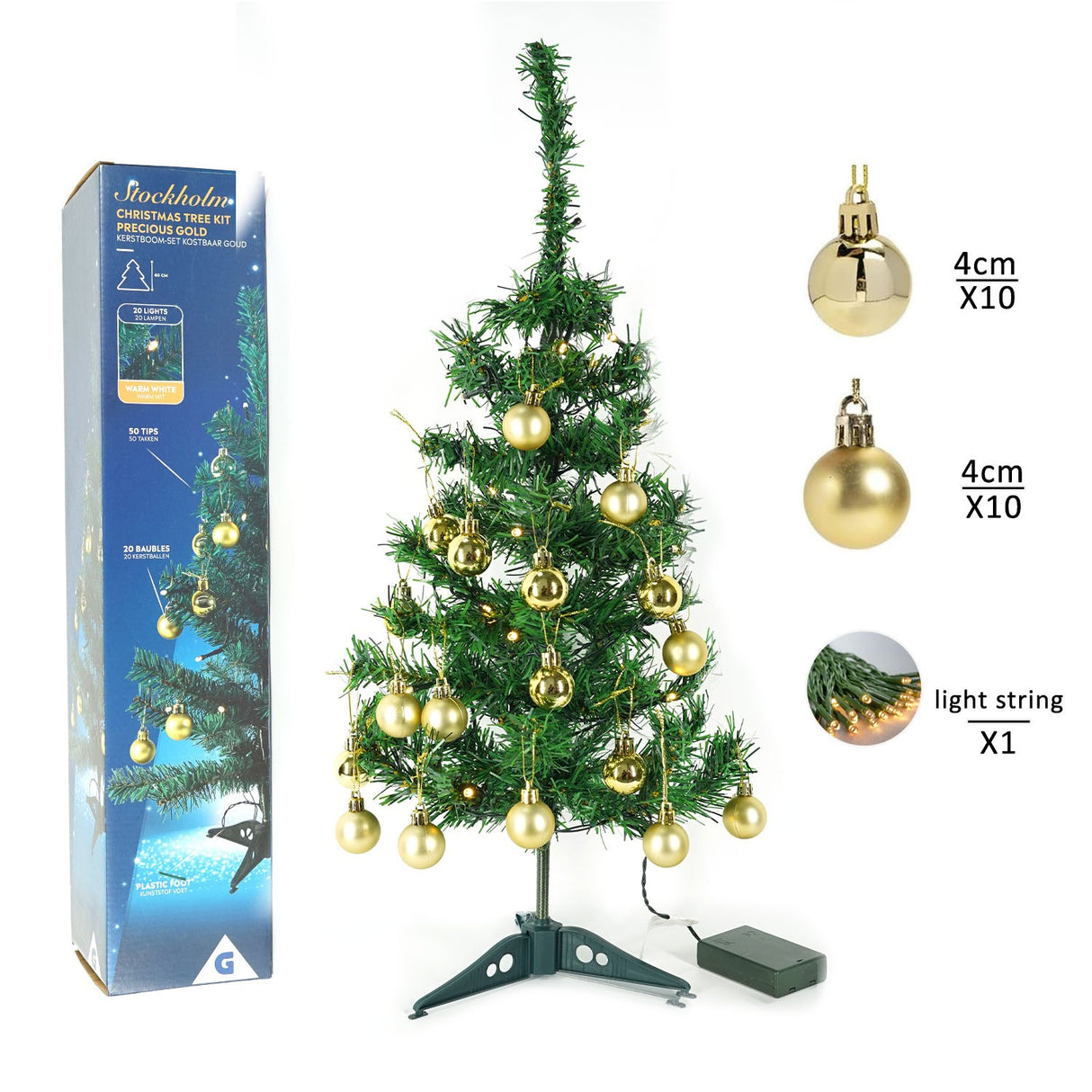 Brad Artificial Impodobit, 60 cm, suport plastic, cu instalatie luminoasa 20 LED alb cald + 20 globuri aurii incluse, Vivimall - vivimall.ro