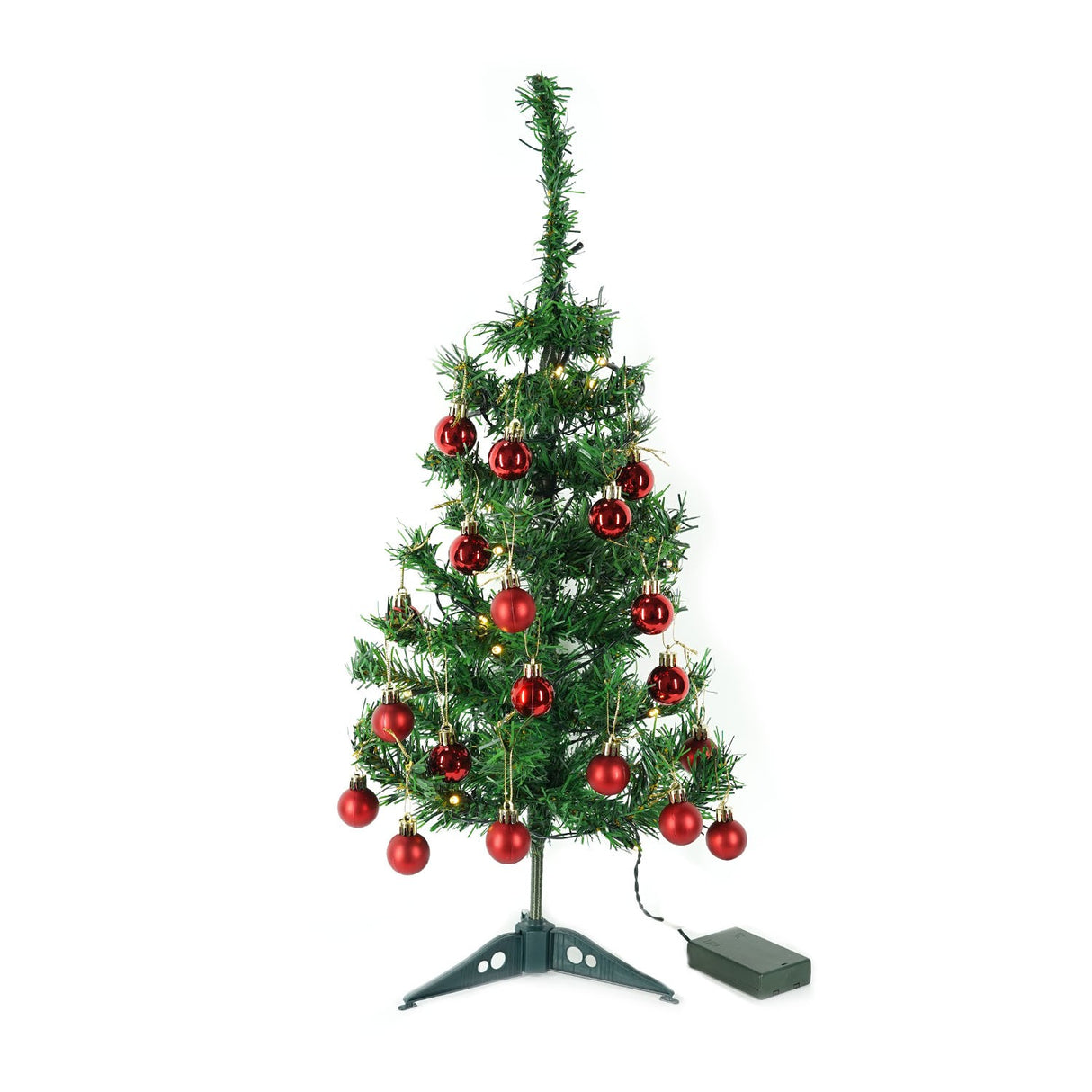 Brad Artificial Impodobit, 60 cm, suport plastic cu instalatie luminoasa 20 LED alb cald + 20 globuri rosii incluse, Vivimall - vivimall.ro