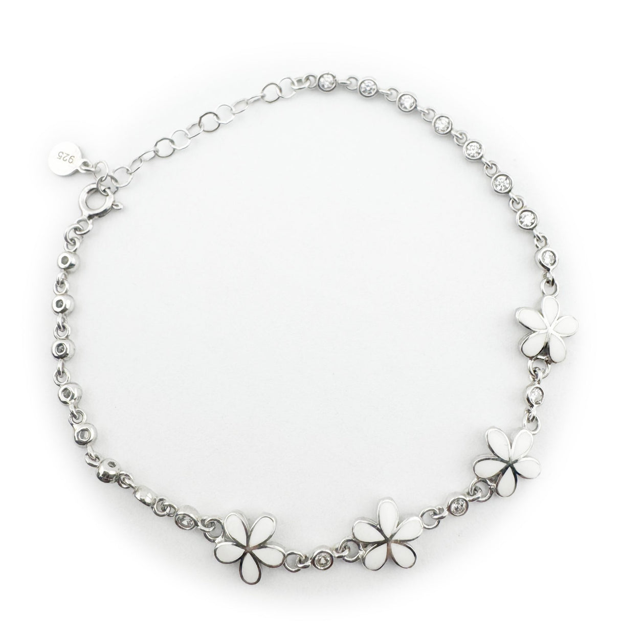 Bratara pentru Copii, Jolie, Argint 925, Model Floare, cu Email si Zirconiu, 22 cm/4.4g Argintiu/Alb - vivimall.ro