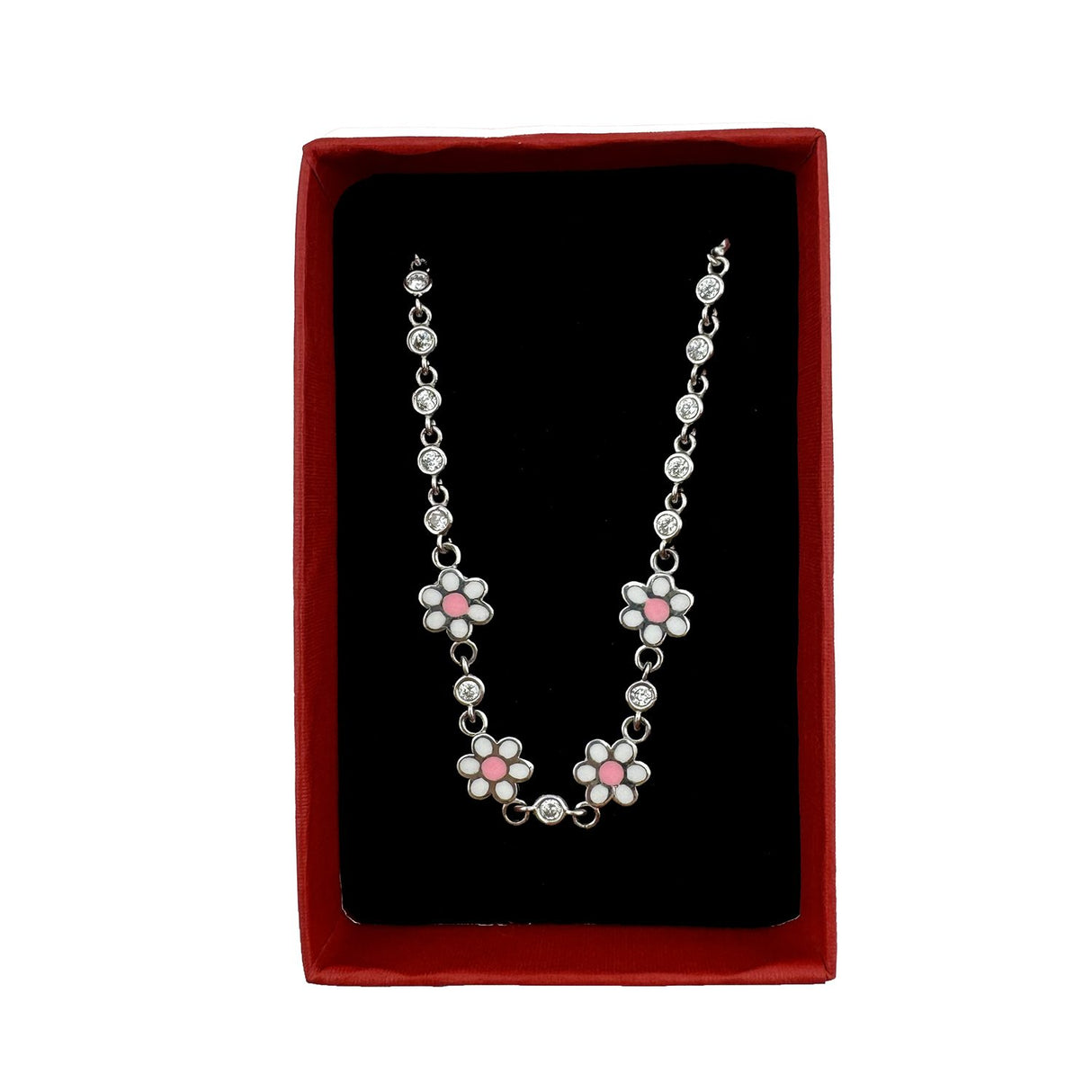 Bratara pentru Copii, Jolie, Argint 925, Model Floare cu Piatra, cu Email si Zirconiu, 22 cm/4.4g Argintiu/Alb - vivimall.ro