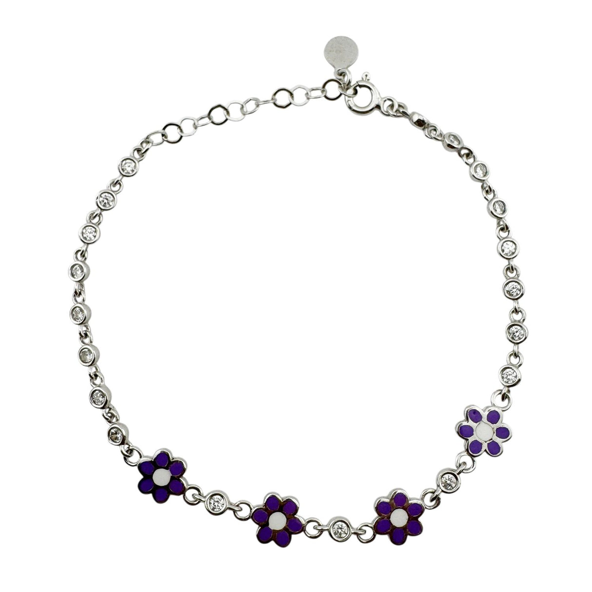 Bratara pentru Copii, Jolie, Argint 925, Model Floare cu Piatra, cu Email si Zirconiu, 22 cm/4.4g Argintiu/Mov - vivimall.ro