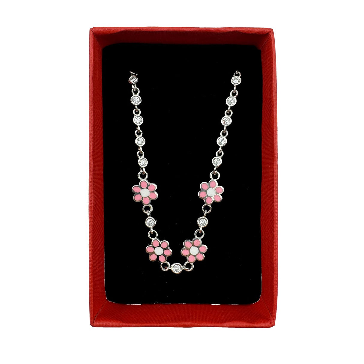 Bratara pentru Copii, Jolie, Argint 925, Model Floare, cu Email si Zirconiu, 22 cm/4.4g Argintiu/Roz - vivimall.ro