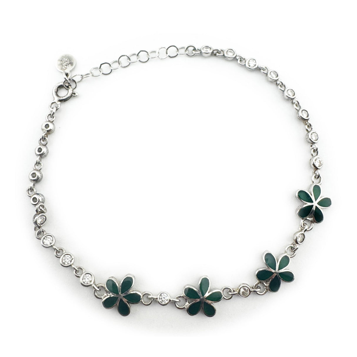 Bratara pentru Copii, Jolie, Argint 925, Model Floare, cu Email si Zirconiu, 22 cm/4.4g Argintiu/Verde inchis - vivimall.ro