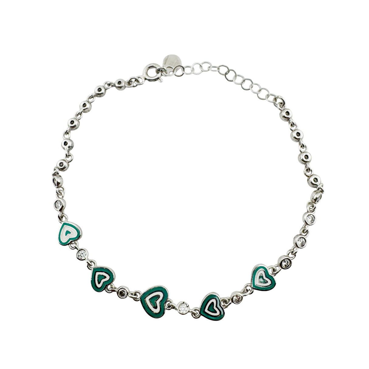 Bratara pentru Copii, Jolie, Argint 925, Model Inima, cu Email si Zirconiu, 22 cm/4.4g Argintiu/Verde - vivimall.ro