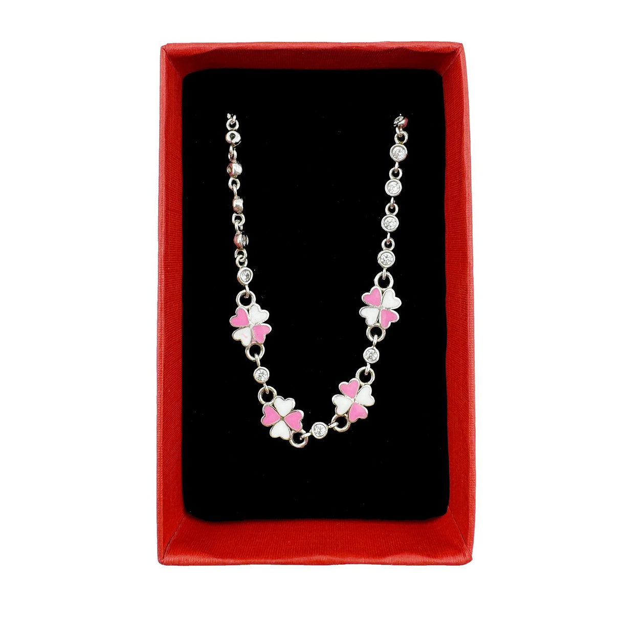 Bratara pentru Copii, Jolie, Argint 925, Model Trifoi, cu Email si Zirconiu, 22 cm/4.4g Argintiu/Roz/Alb - vivimall.ro