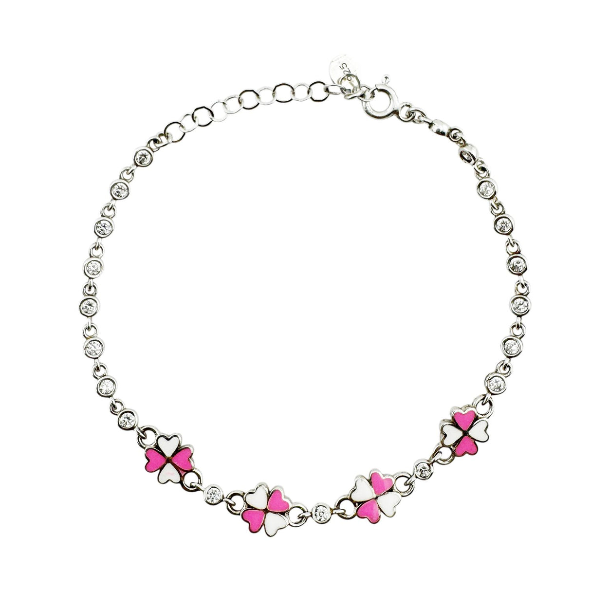 Bratara pentru Copii, Jolie, Argint 925, Model Trifoi, cu Email si Zirconiu, 22 cm/4.4g Argintiu/Roz/Alb - vivimall.ro