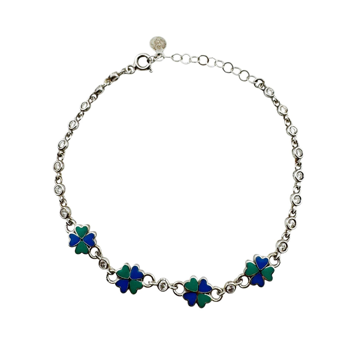 Bratara pentru Copii, Jolie, Argint 925, Model Trifoi, cu Email si Zirconiu, 22 cm/4.4g Argintiu/Verde/Albastru - vivimall.ro