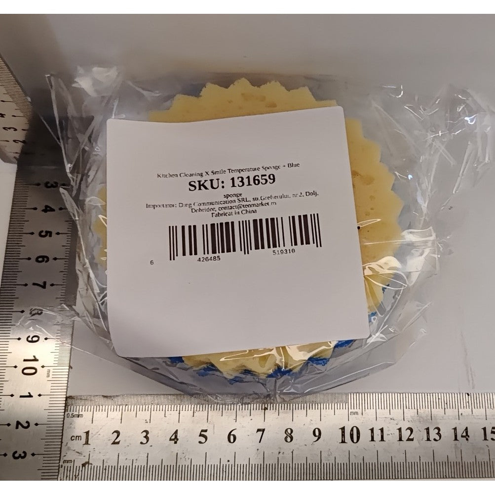 Burete de Vase, Vivimall, Rotund, din Burete PU, Model Smiley Face, Doua Fete, 10 x 4 cm, Albastru/Galben - vivimall.ro