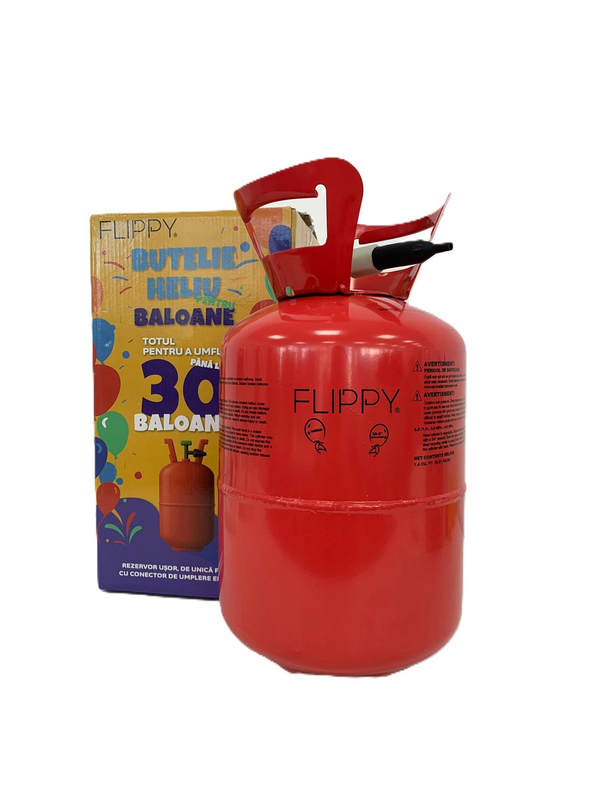 Detaliu robinet și duză butelie heliu Flippy 7L, 20x20x37 cm, utilizare simplă la petreceri