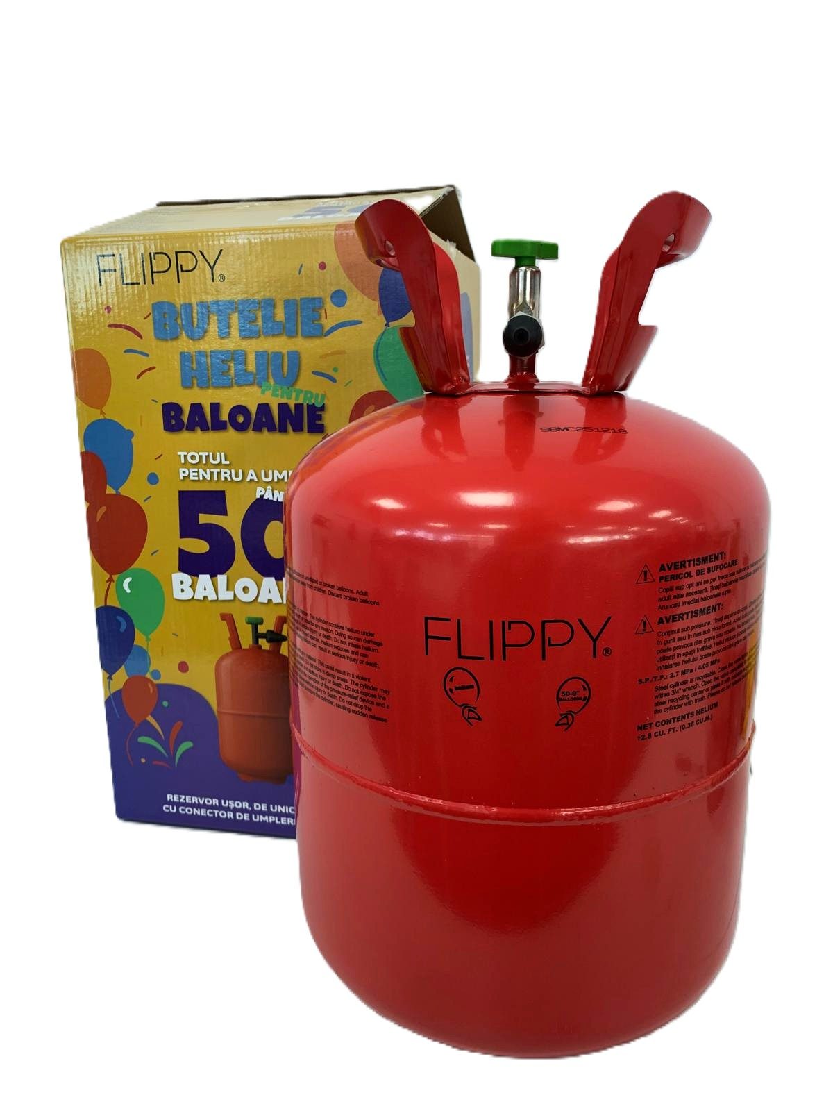Butelie heliu Flippy 50 baloane latex, dimensiuni 24x24x42 cm, detaliu supapă și corp metalic