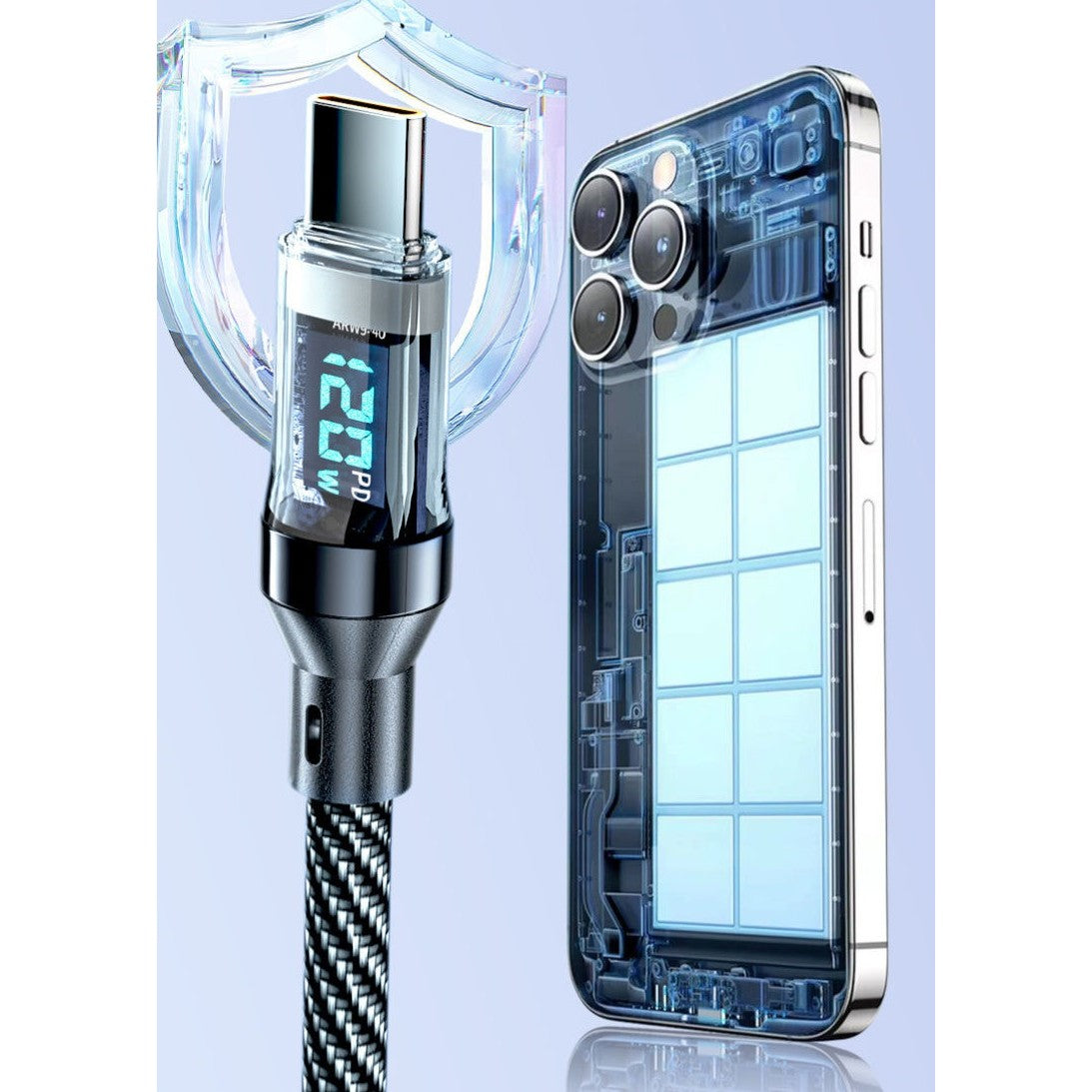 Cablu de Date Type C + USB, Vivimall, Încarcare Super Rapida, 120 W, Afișaj Digital LED, 1 m, Negru - vivimall.ro