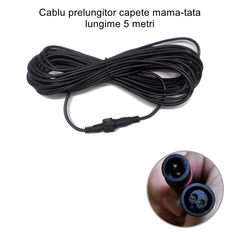Cablu prelungitor IP65 Vivimall, pentru lampi solare, material cauciuc si cupru, 2 Pini mama- tata, waterproof, 5 metri, negru - vivimall.ro