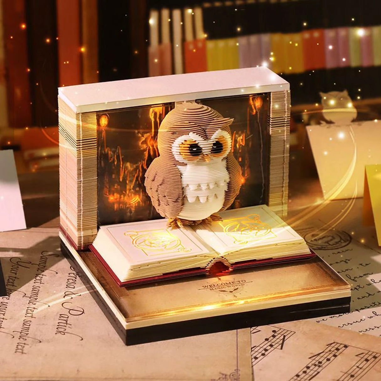 Calendar Interactiv 3D 2026, Vivimall, Calendar de Sculptura cu Luminite LED, Bufnita Magic World, pentru Copii, Calendar de Birou Ornamentat, 9 x 9 x 6.8 cm, Maro - vivimall.ro