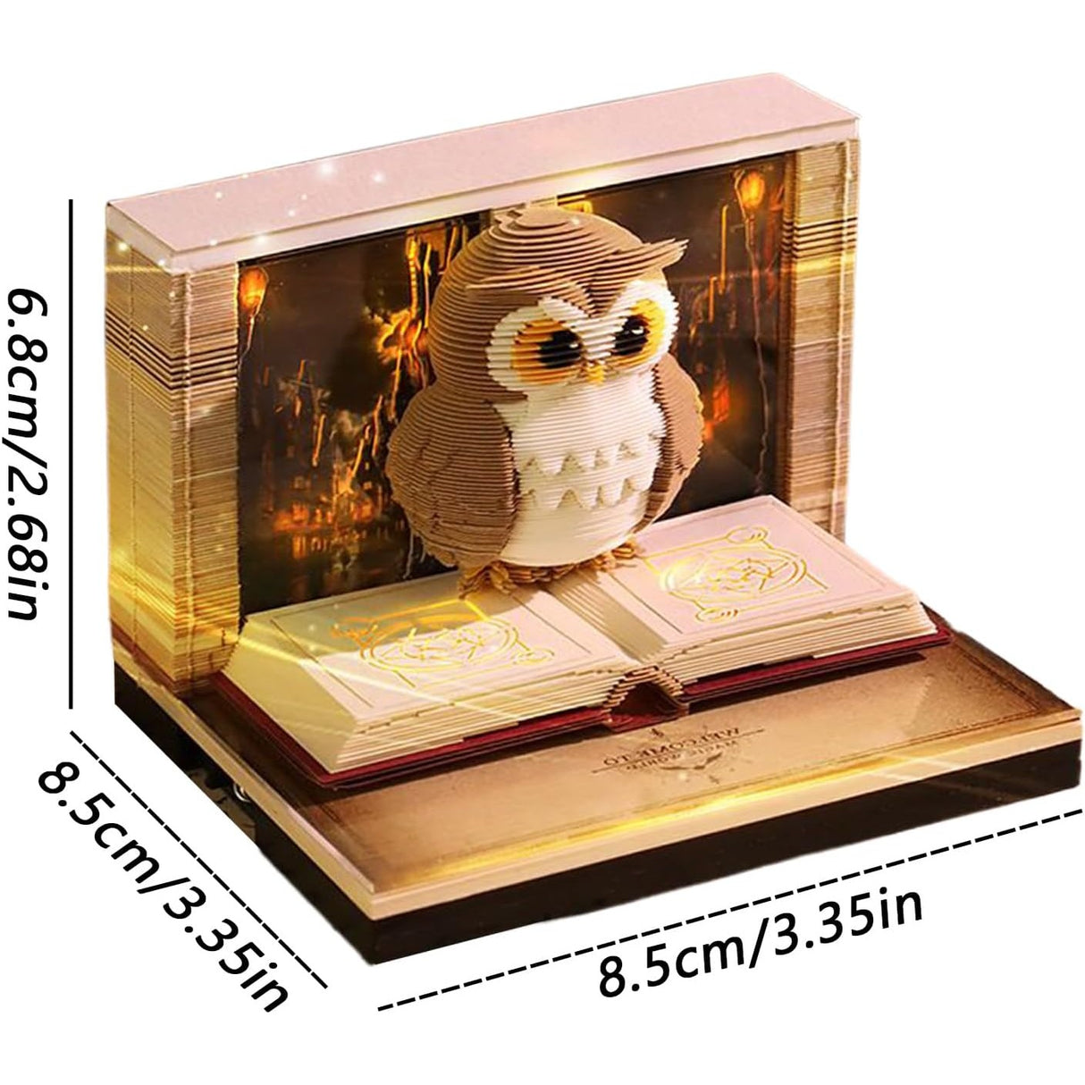 Calendar Interactiv 3D 2026, Vivimall, Calendar de Sculptura cu Luminite LED, Bufnita Magic World, pentru Copii, Calendar de Birou Ornamentat, 9 x 9 x 6.8 cm, Maro - vivimall.ro