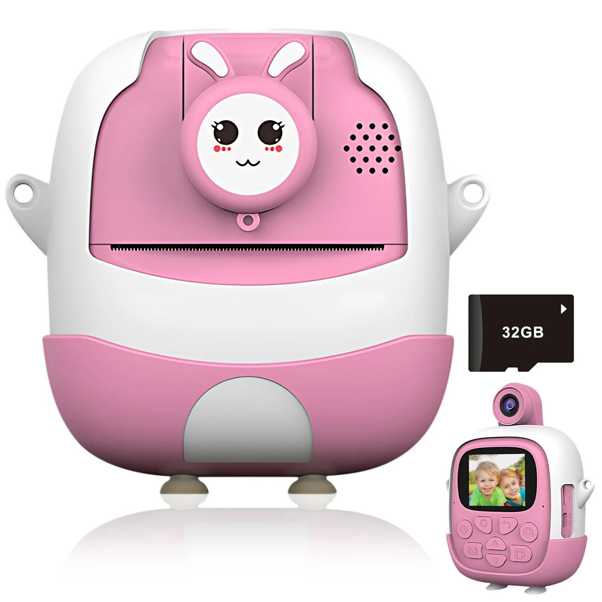 Camera Instantanee pentru Copii, Vivimall, cu Functie de Printare, Cablu USB-C, Bluetooth, Compatibil iOS/Android, Camera Frontala + Selfie, Model Iepure, Snur Inclus, Roz - vivimall.ro