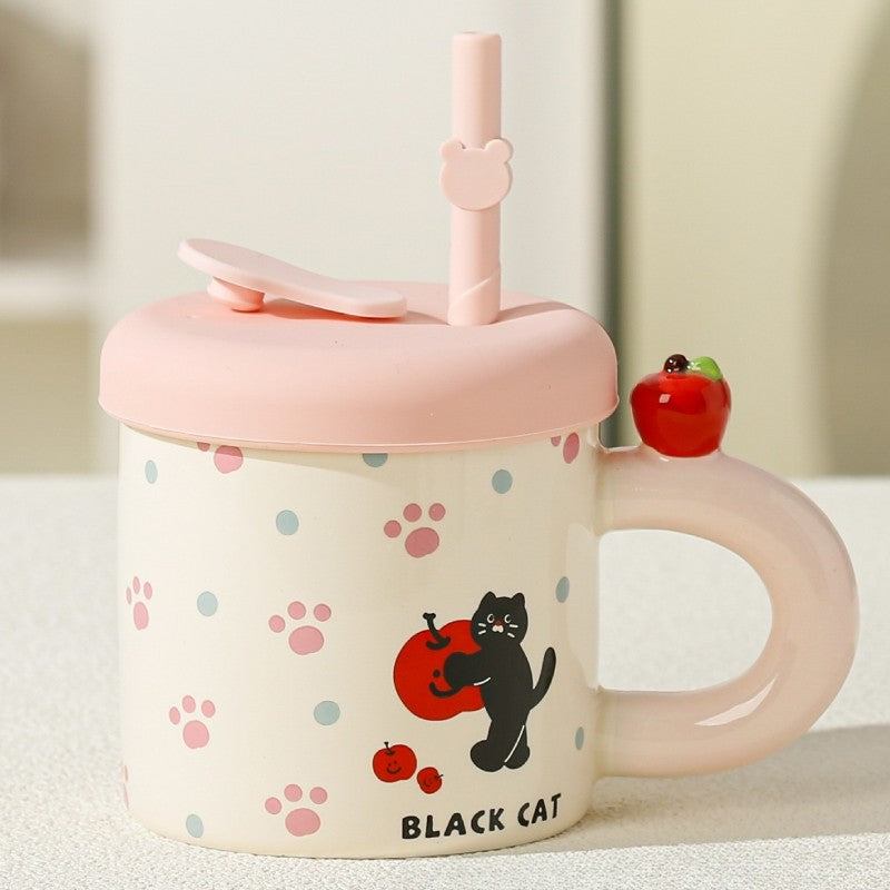 Cana din Ceramica cu Capac si Pai, Vivimall, Capacul si Paiul din Silicon Roz, 9x8.5 cm, Model Cute D, Capacitate 380ml - vivimall.ro