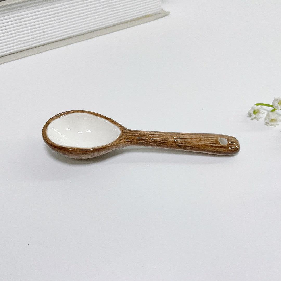 Cana din Ceramica, Vivimall, 201-300 ml, cu Lingurita, Model Nuca de Cocos, Maro - vivimall.ro