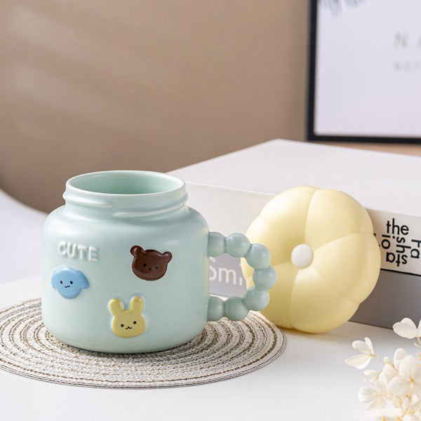 Cana pentru Copii, Vivimall, din Portelan, print Figurine Animalute, Model CUTE, Cana cu Capac, Ceasca pentru Cafea, Ceai, 400ml Albastru deschis - vivimall.ro