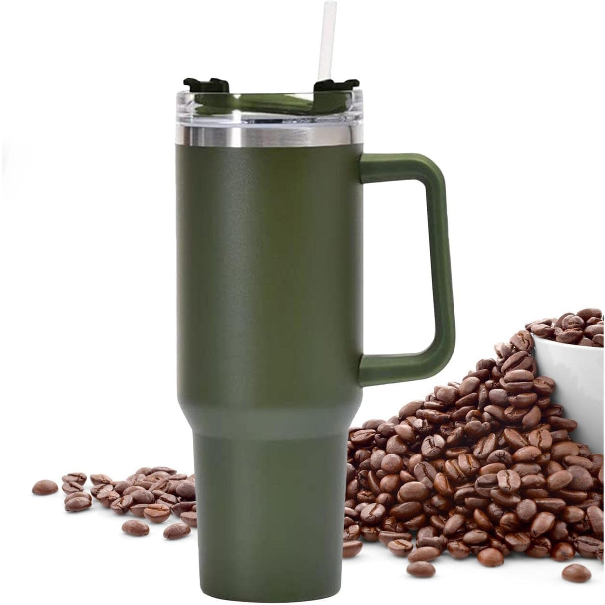 Cana Termos din Plastic, Vivimall, pentru Bauturi Calde si Reci, cu Maner, 9.9x9.9x27 cm, Verde Army - vivimall.ro