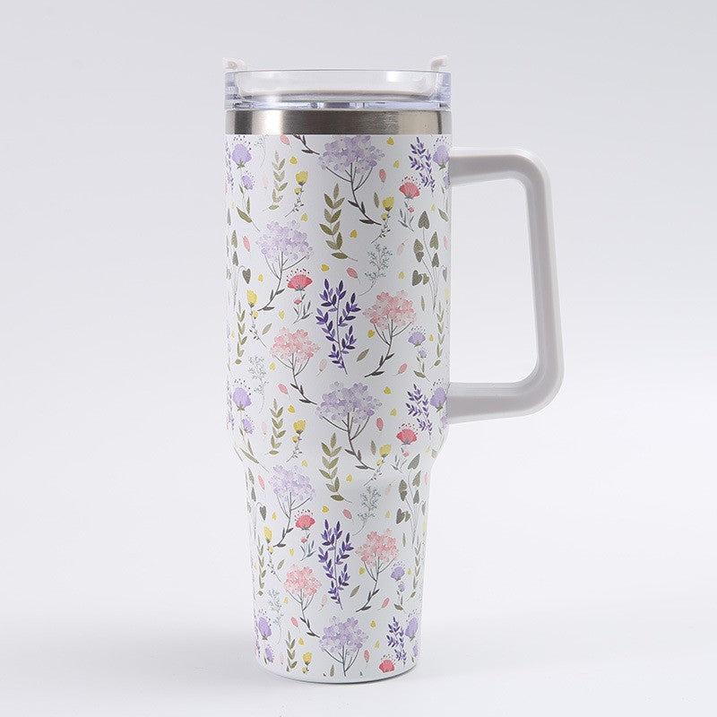 Cana Termos din Plastic, Vivimall, pentru Bauturi Calde si Reci, cu Maner, Imprimeu Floral, Alb, 10x7.6x27.5 cm - vivimall.ro