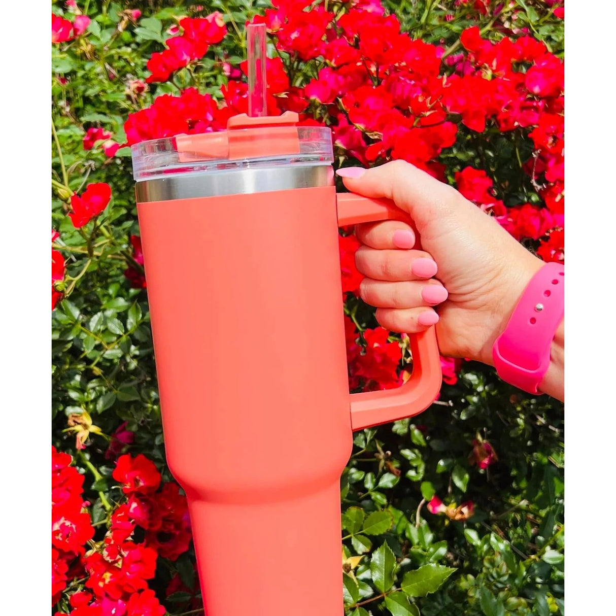 Cana Termos din Plastic, Vivimall, pentru Bauturi Calde si Reci, cu Maner, 9.9x9.9x27 cm, Portocaliu - vivimall.ro