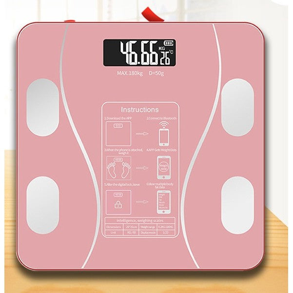 Cantar Electronic Inteligent De Baie Vivimall Cu Aplicatie Smart, Corporal, Ecran Digital Iluminat, Termometru, Suporta Maxim 180 Kg, 26 x 26 cm, Baterii, Roz - vivimall.ro