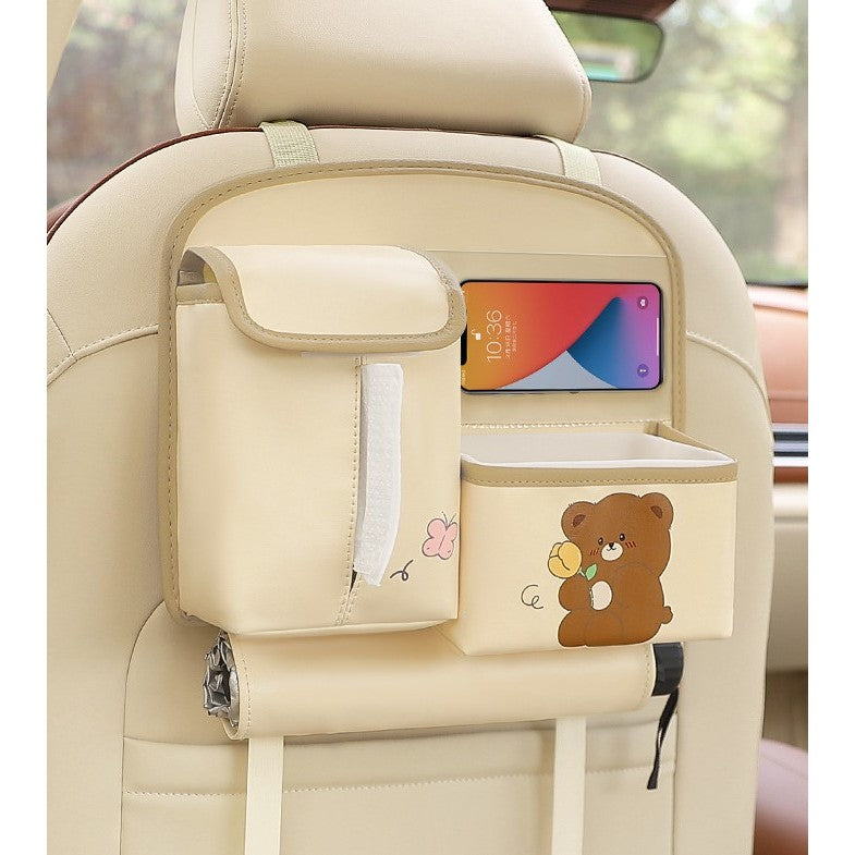 Geanta Multifunctionala de Depozitare, Vivimall, pentru Bancheta din Spate a Masinii, Animat, Model Ursuleti, Scris Good Day, Suport Servetele si Telefon, 25x31 cm, Bej - vivimall.ro