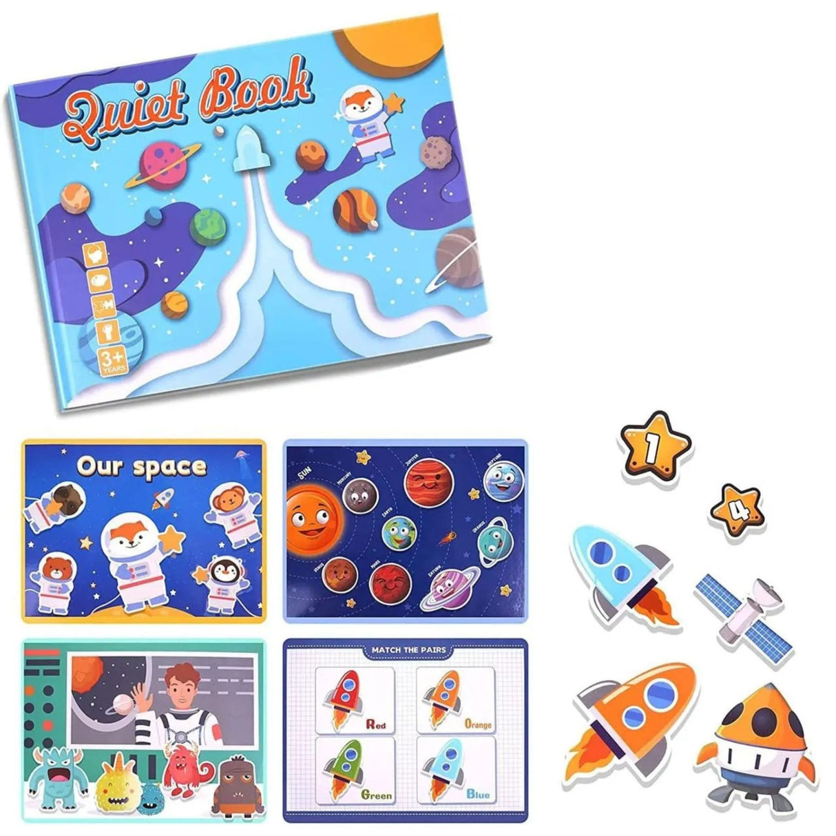 Carte Educativa cu Stickere Reutilizabile, Flippy, Quiet Book Senzoriala cu Pagini Interactive , Joc Montessori, Seria ''Explorarea Spatiului'', Dezvolta Motricitatea Fina si Logica, Quiet Book pentru Invatare Timpurie, 3 ani, Multicolor - vivimall.ro